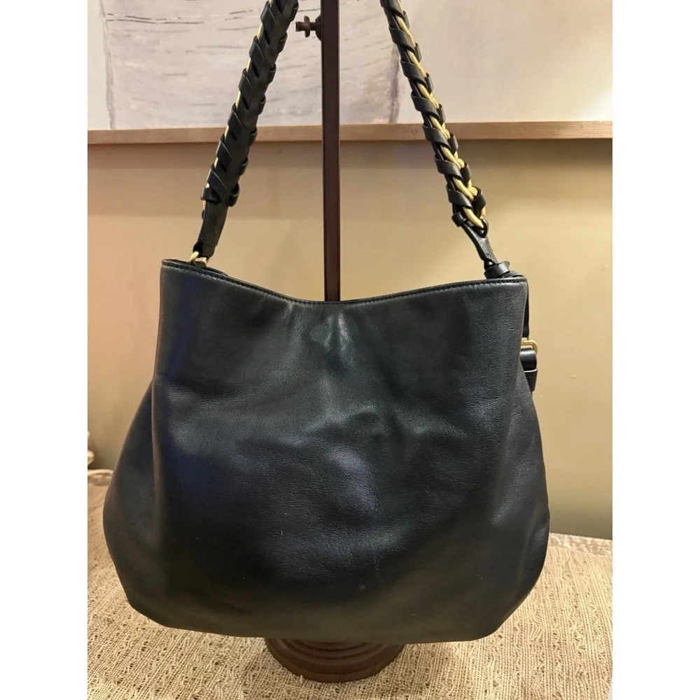 Tory Burch Brooke Minimalist Hobo‎ Bag Black Leather Gold Braided Handle 598$